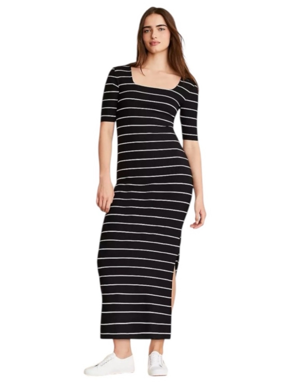 Lou & Grey Striped Ribbed Square Neck Maxi Dress black white side slit medium
